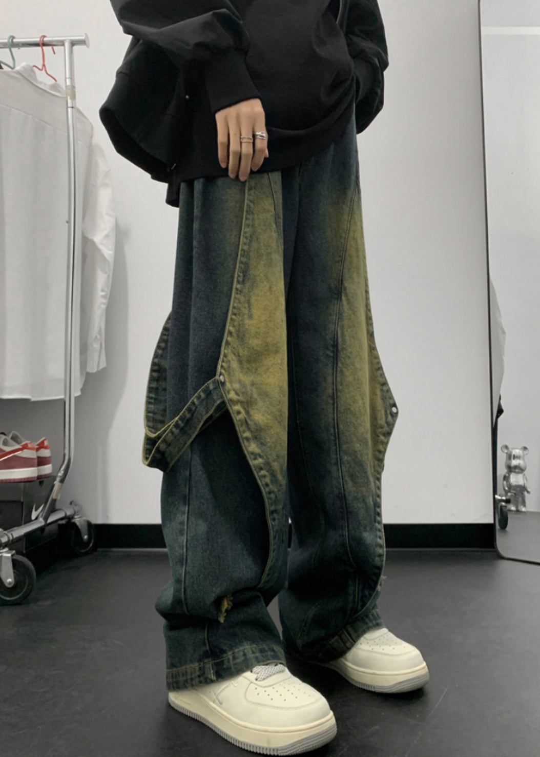 Pantalon droit en denim bleu fait main avec poches patchwork pour homme, été SA020