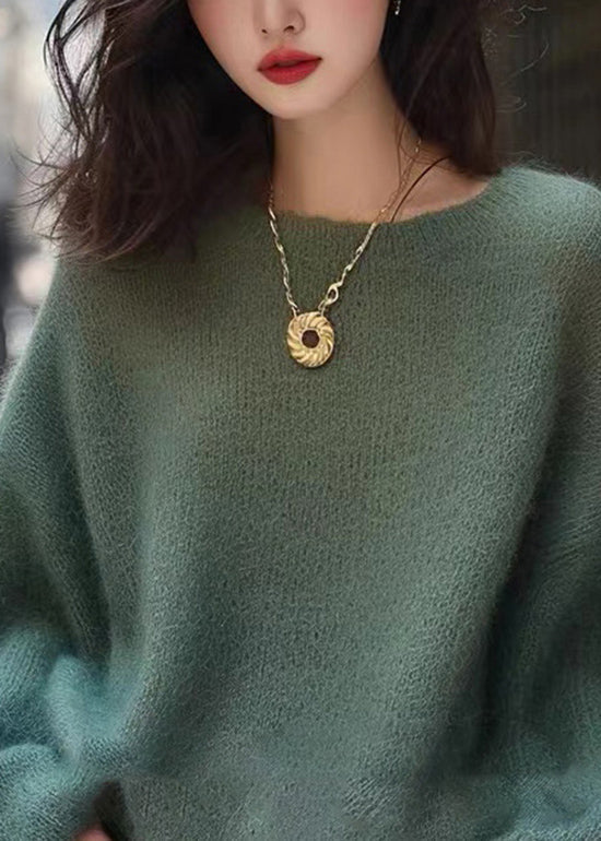 Handgemachte grüne O-Ausschnitt kuschelige Strickpullover Frühling TO004