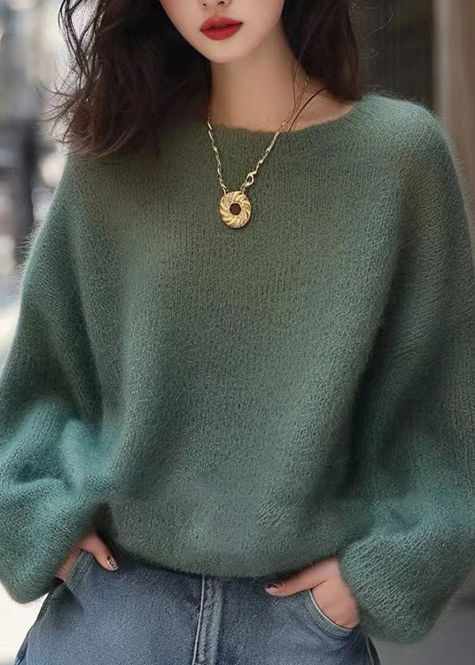 Handgemachte grüne O-Ausschnitt kuschelige Strickpullover Frühling TO004