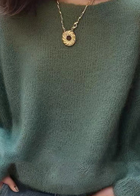 Handgemachte grüne O-Ausschnitt kuschelige Strickpullover Frühling TO004