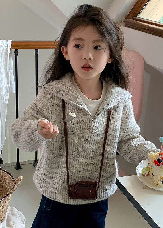 Handgemachte hellgrau Reißverschluss Patchwork Baumwolle stricken Mädchen Pullover Tops Frühling TP028