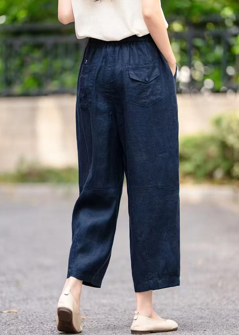 Pantalon bleu marine taille élastique poches été court lin fait main