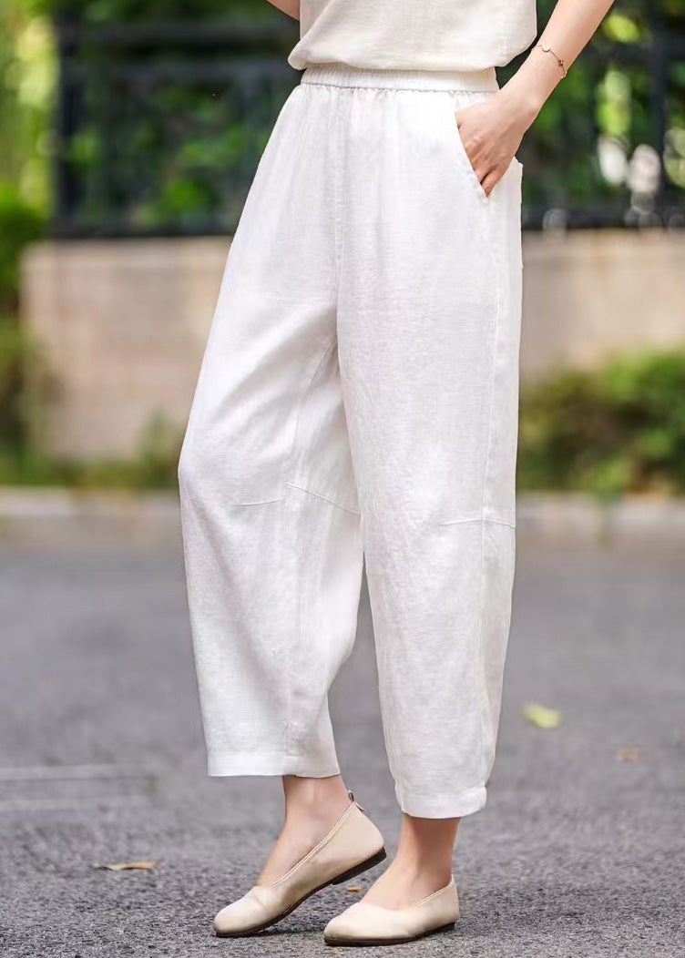 Pantalon bleu marine taille élastique poches été court lin fait main