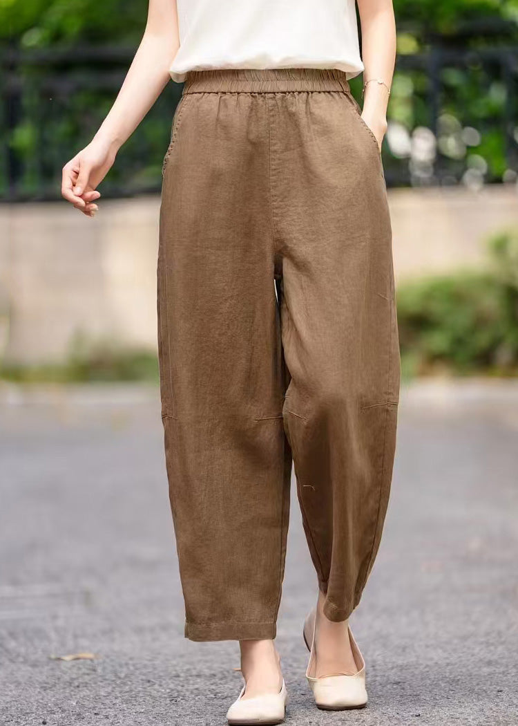 Pantalon bleu marine taille élastique poches été court lin fait main