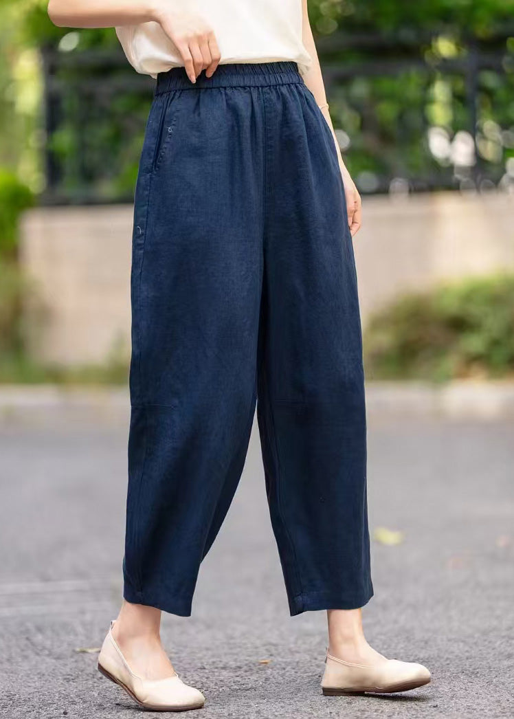 Pantalon bleu marine taille élastique poches été court lin fait main