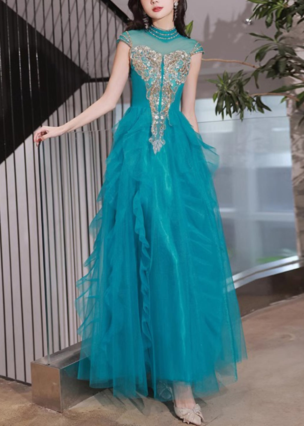 Rüschen Tüll Pfau Blau Kleid Nagel Sommer Perle Handgemachte Party