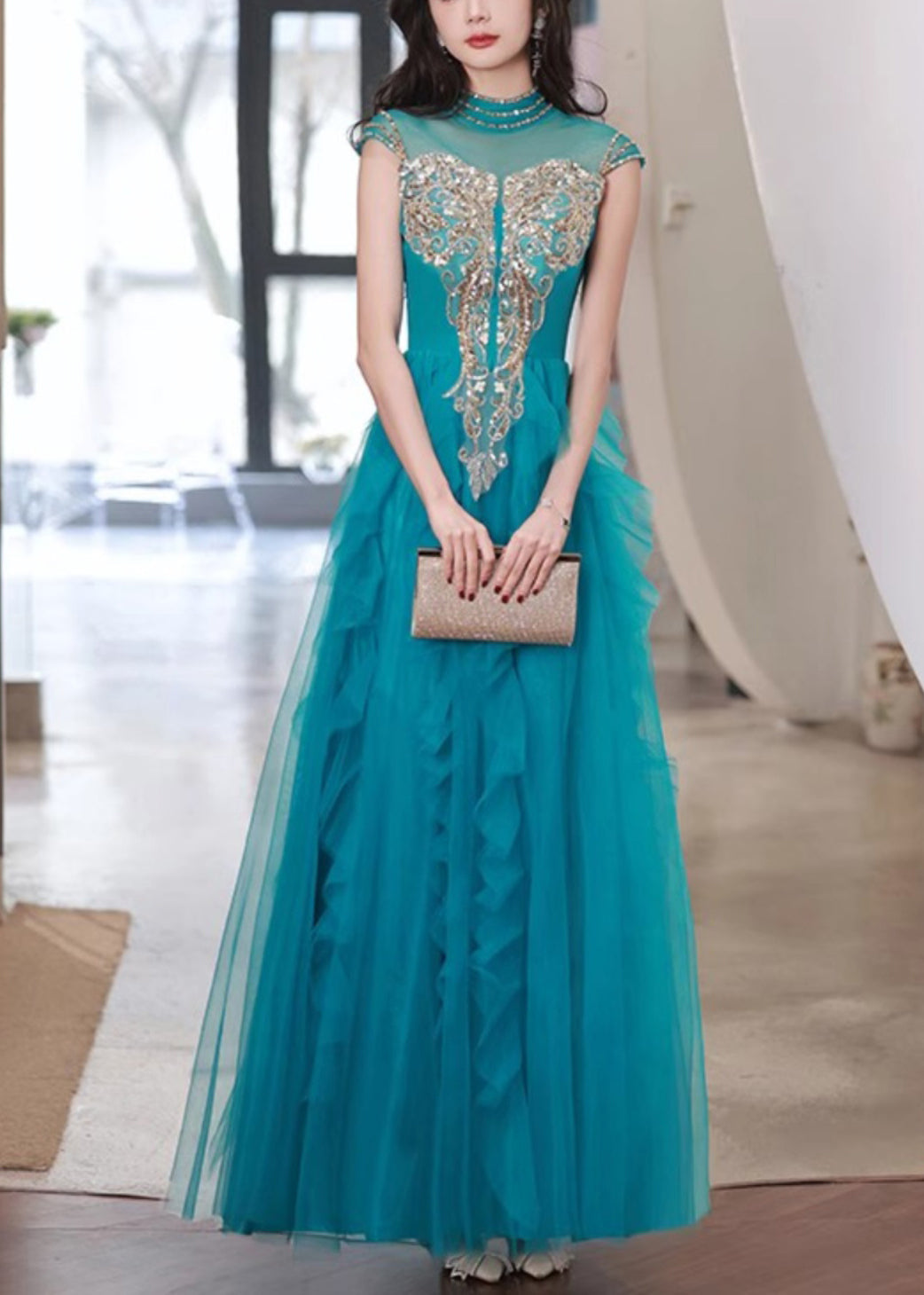 Rüschen Tüll Pfau Blau Kleid Nagel Sommer Perle Handgemachte Party