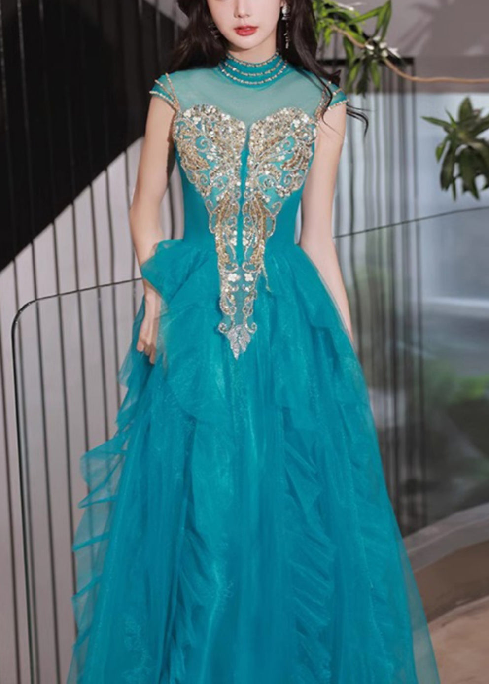 Rüschen Tüll Pfau Blau Kleid Nagel Sommer Perle Handgemachte Party