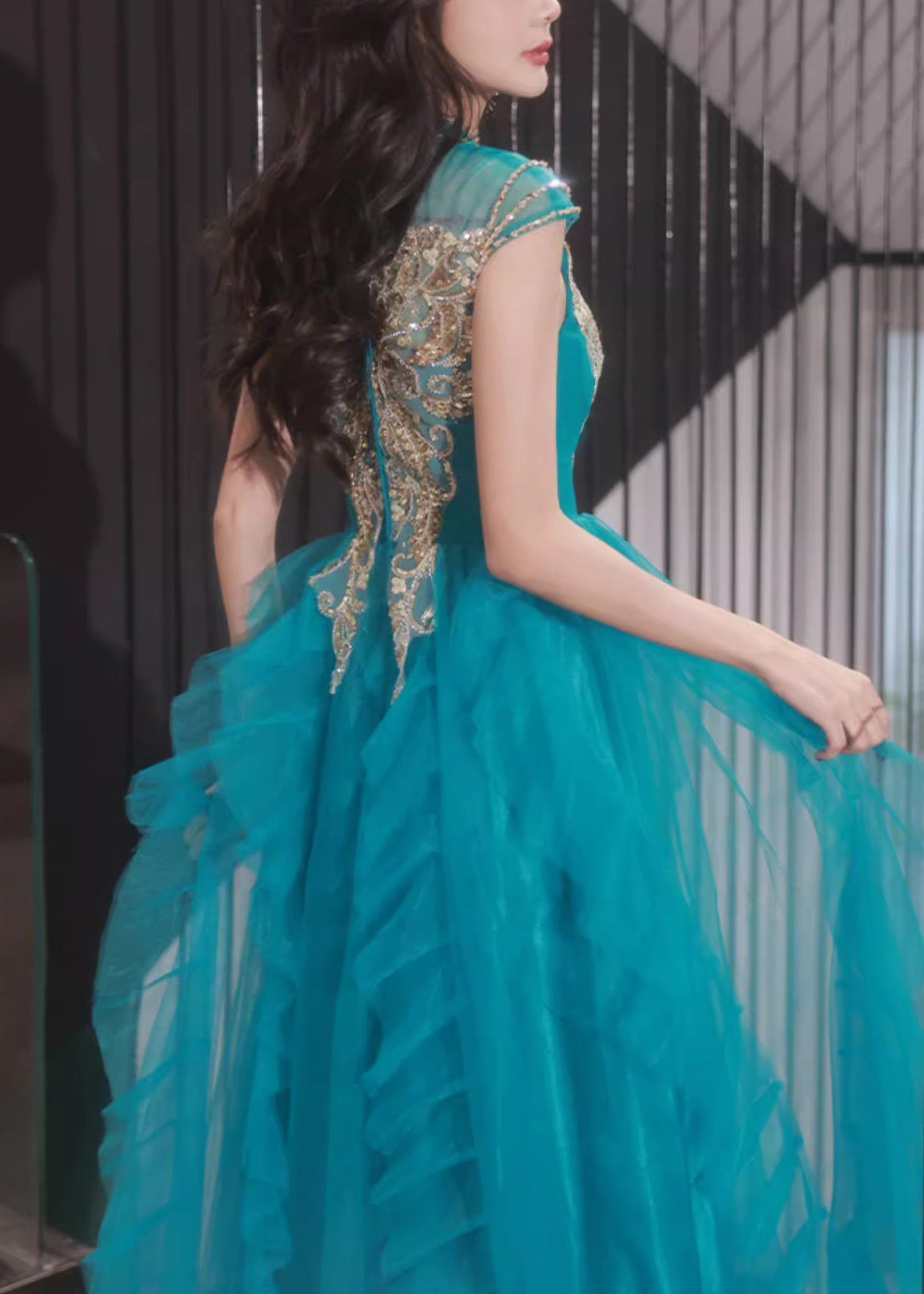 Rüschen Tüll Pfau Blau Kleid Nagel Sommer Perle Handgemachte Party