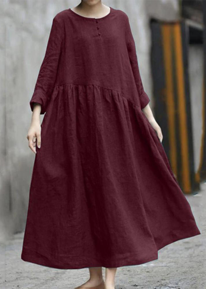 Fall Pockets O-Neck Red Patchwork Robe Dresses Handmade