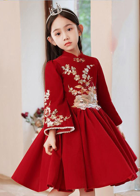 Kragen Langen Ständer Mädchen Kleid Rot Handgemachte Faltig Frühling