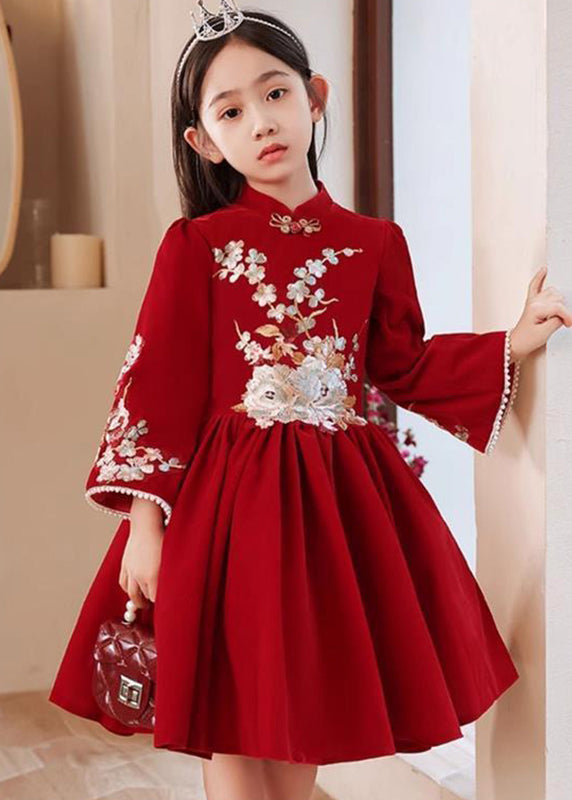 Kragen Langen Ständer Mädchen Kleid Rot Handgemachte Faltig Frühling