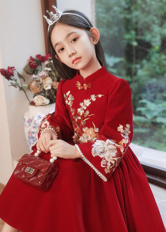 Kragen Langen Ständer Mädchen Kleid Rot Handgemachte Faltig Frühling