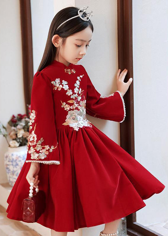 Kragen Langen Ständer Mädchen Kleid Rot Handgemachte Faltig Frühling