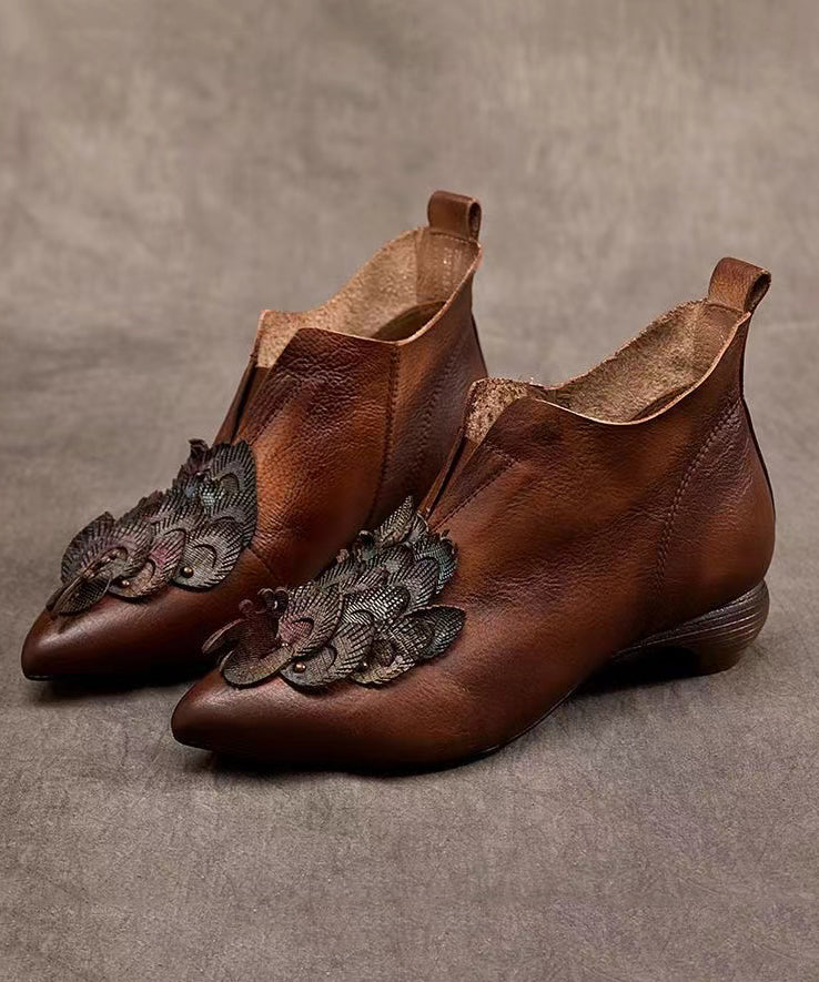 Handmade Retro Coffee Cowhide Leather Pointed Toe Ankle Boots AH688