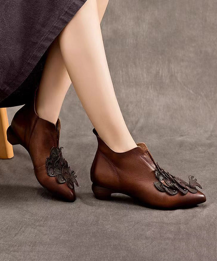 Handmade Retro Coffee Cowhide Leather Pointed Toe Ankle Boots AH688