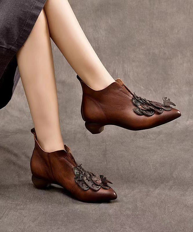Handmade Retro Coffee Cowhide Leather Pointed Toe Ankle Boots AH688
