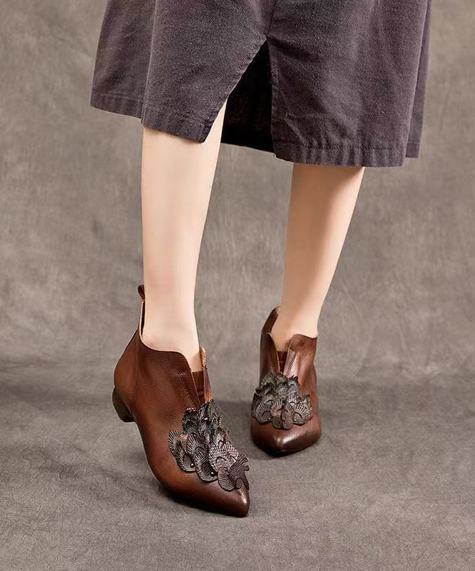 Handmade Retro Coffee Cowhide Leather Pointed Toe Ankle Boots AH688