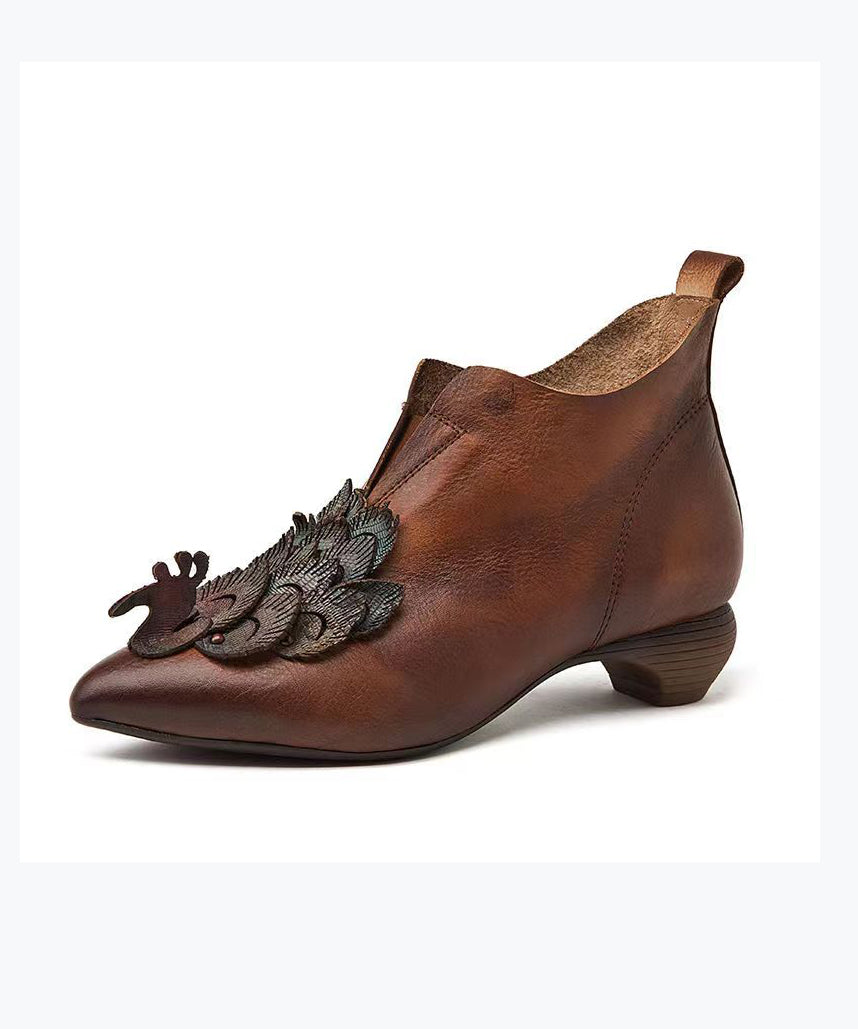 Handmade Retro Coffee Cowhide Leather Pointed Toe Ankle Boots AH688