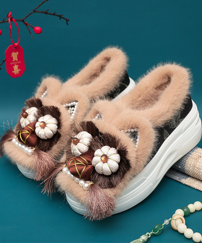 Handgemachte Spleißen Quaste Nagel Perle Plattform flache Schuhe Kaffee Fuzzy Wolle gefüttert TQ039