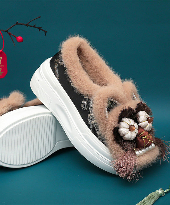 Handgemachte Spleißen Quaste Nagel Perle Plattform flache Schuhe Kaffee Fuzzy Wolle gefüttert TQ039
