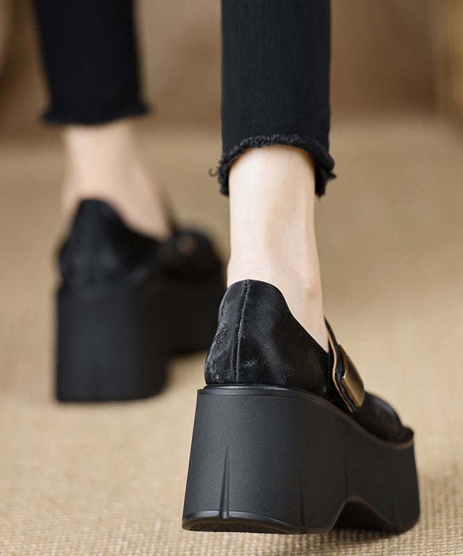 Handmade Vintage Buckle Strap Splicing Wedge High Heels Black Silk YC028