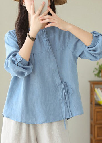 Chemises en lin blanc asymétriques à lacets faites à la main, printemps TM023