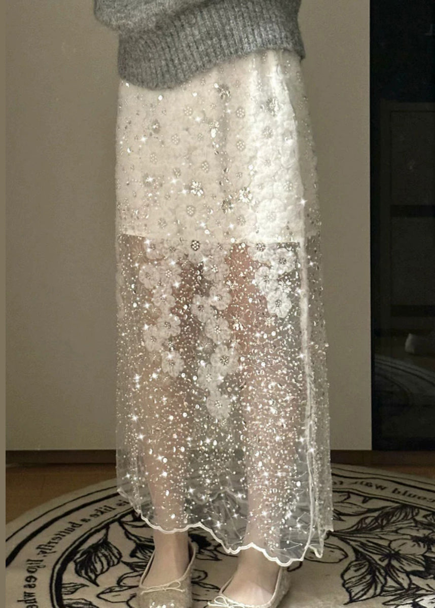 Jupe d'été en tulle à paillettes et perles faite à la main, blanche