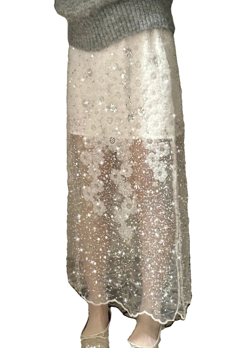 Jupe d'été en tulle à paillettes et perles faite à la main, blanche