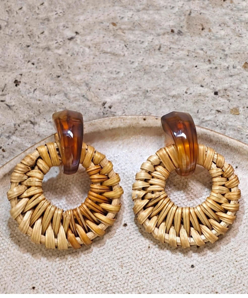 Bamboo Earrings Hoop Weaving Grass Vine Alloy Handmade Yellow