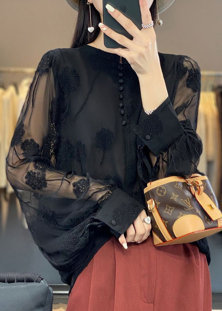 Italian Black Embroidered Button Chiffon Shirt Long Sleeve GH1065