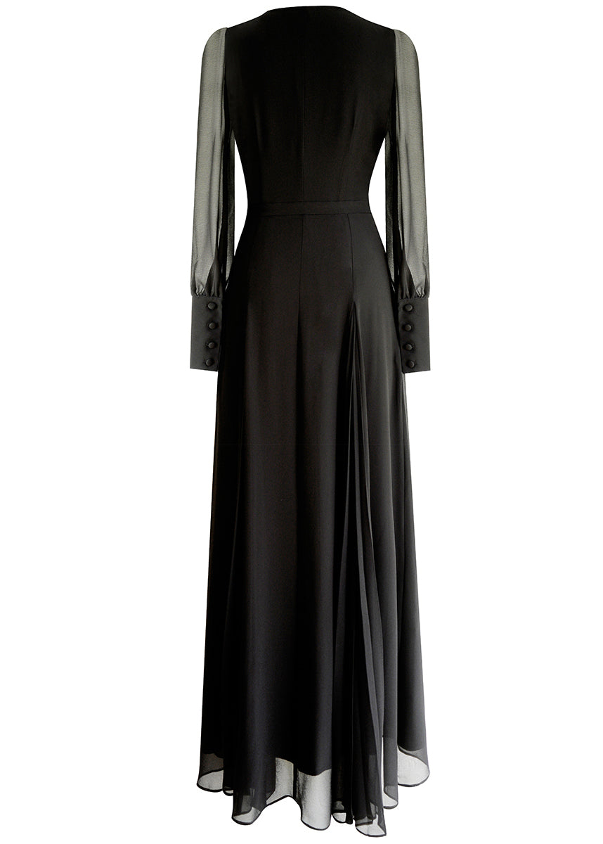 Italienisches schwarzes V-Ausschnitt-Maxikleid aus faltigem Chiffon mit Reißverschluss für Herbst AM1028