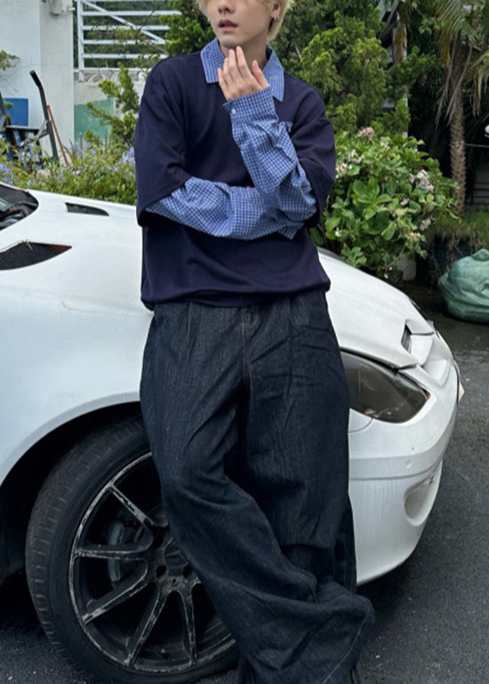 Italienisches blaues falsches zweiteiliges Patchwork-Baumwoll-Poloshirt für Herren, Designer, Herbst WJ013