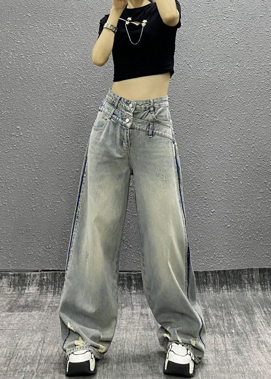 Pantalon large en denim patchwork bleu italien à poches, automne RI003
