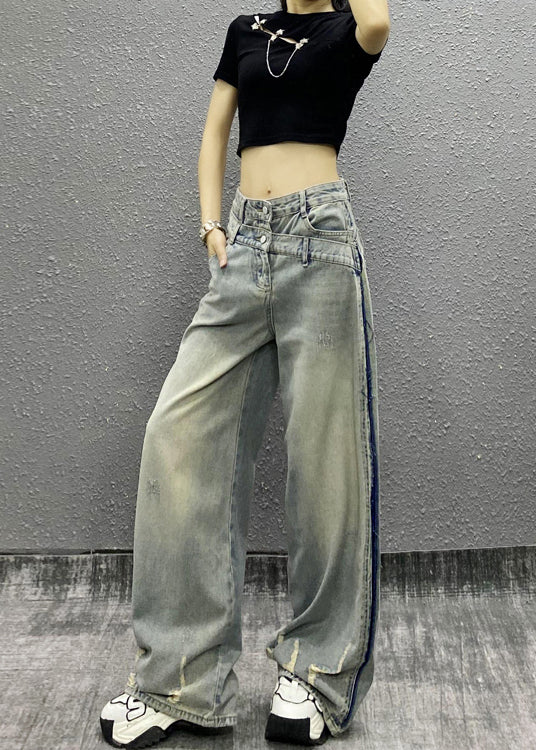 Pantalon large en denim patchwork bleu italien à poches, automne RI003