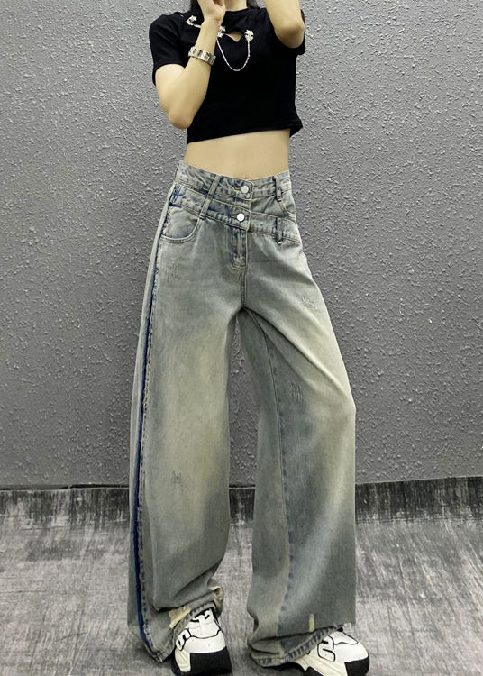 Pantalon large en denim patchwork bleu italien à poches, automne RI003