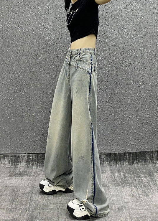 Pantalon large en denim patchwork bleu italien à poches, automne RI003