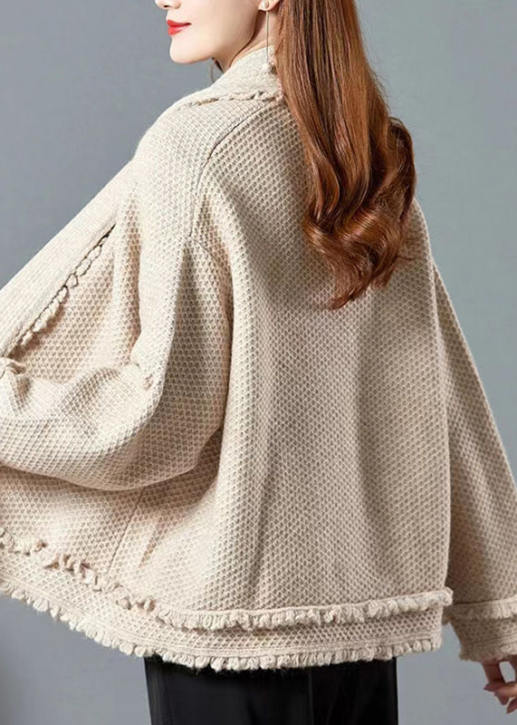 Italienische Kamel-Strickjacke mit V-Ausschnitt und Rüschen, Patchwork, Herbst WN028