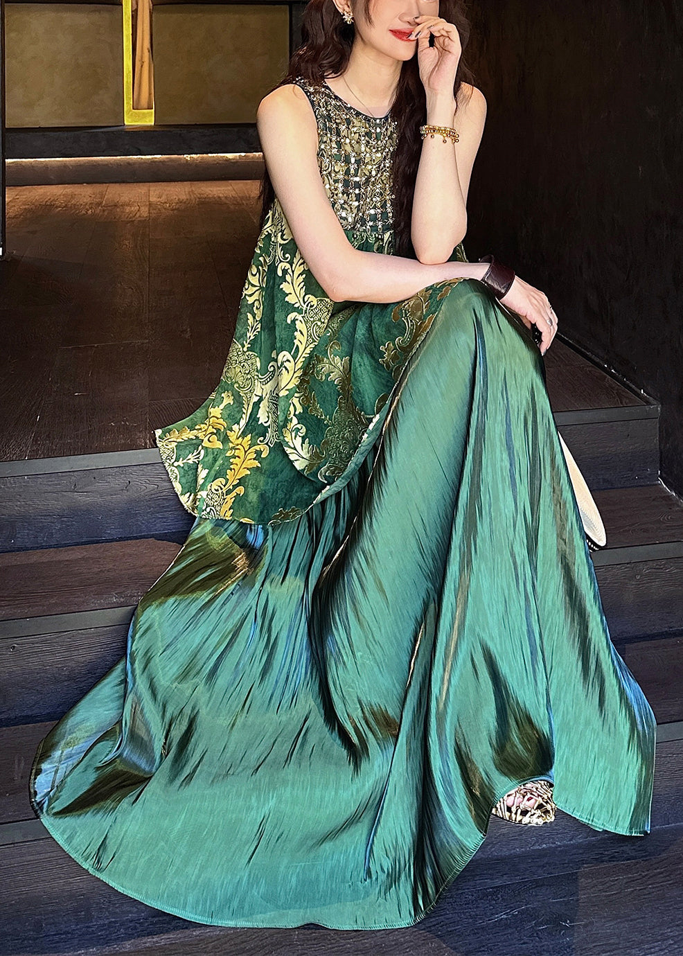 Green Silk Tulle O Neck Patchwork Italian Sequins Dresses