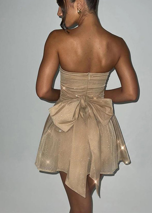 Trägerloses Mini-Khaki-Sommerkleid mit italienischen Pailletten aus Tüll