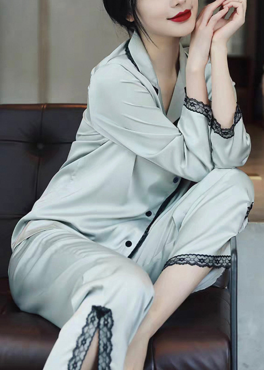 Italian Light Blue Side Open Lace Patchwork Ice Silk Pajamas Two Piece Set Spring YK008
