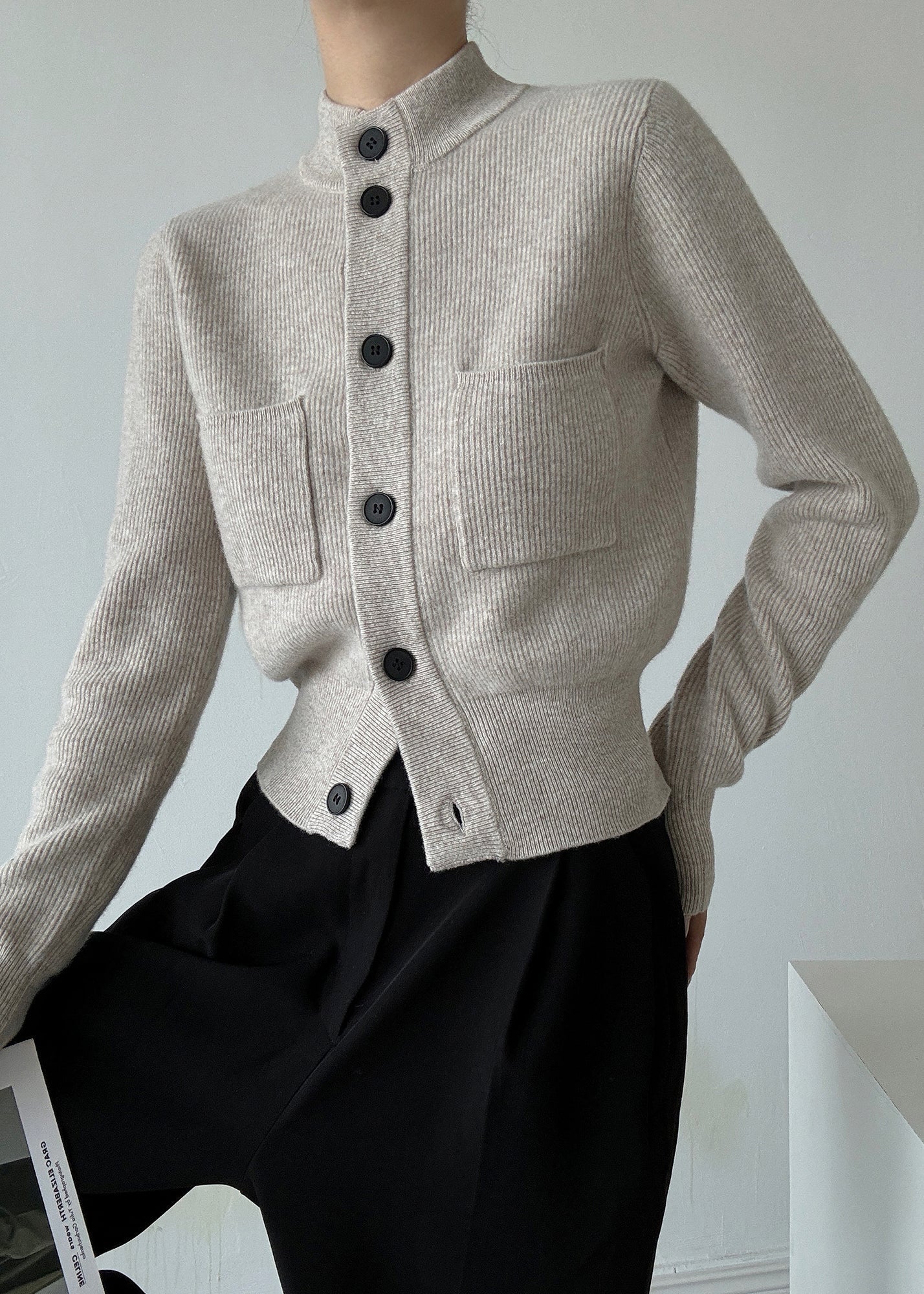 Cardigans italiens en laine gris clair à col montant et boutons, printemps TY026