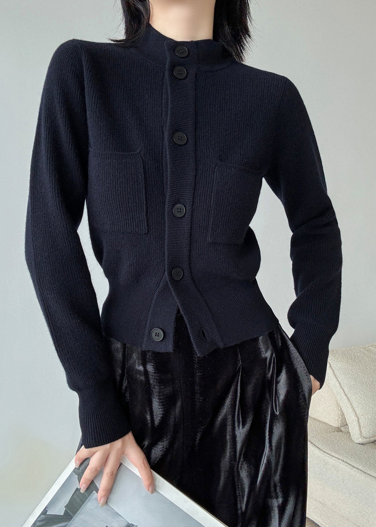 Cardigans italiens en laine gris clair à col montant et boutons, printemps TY026