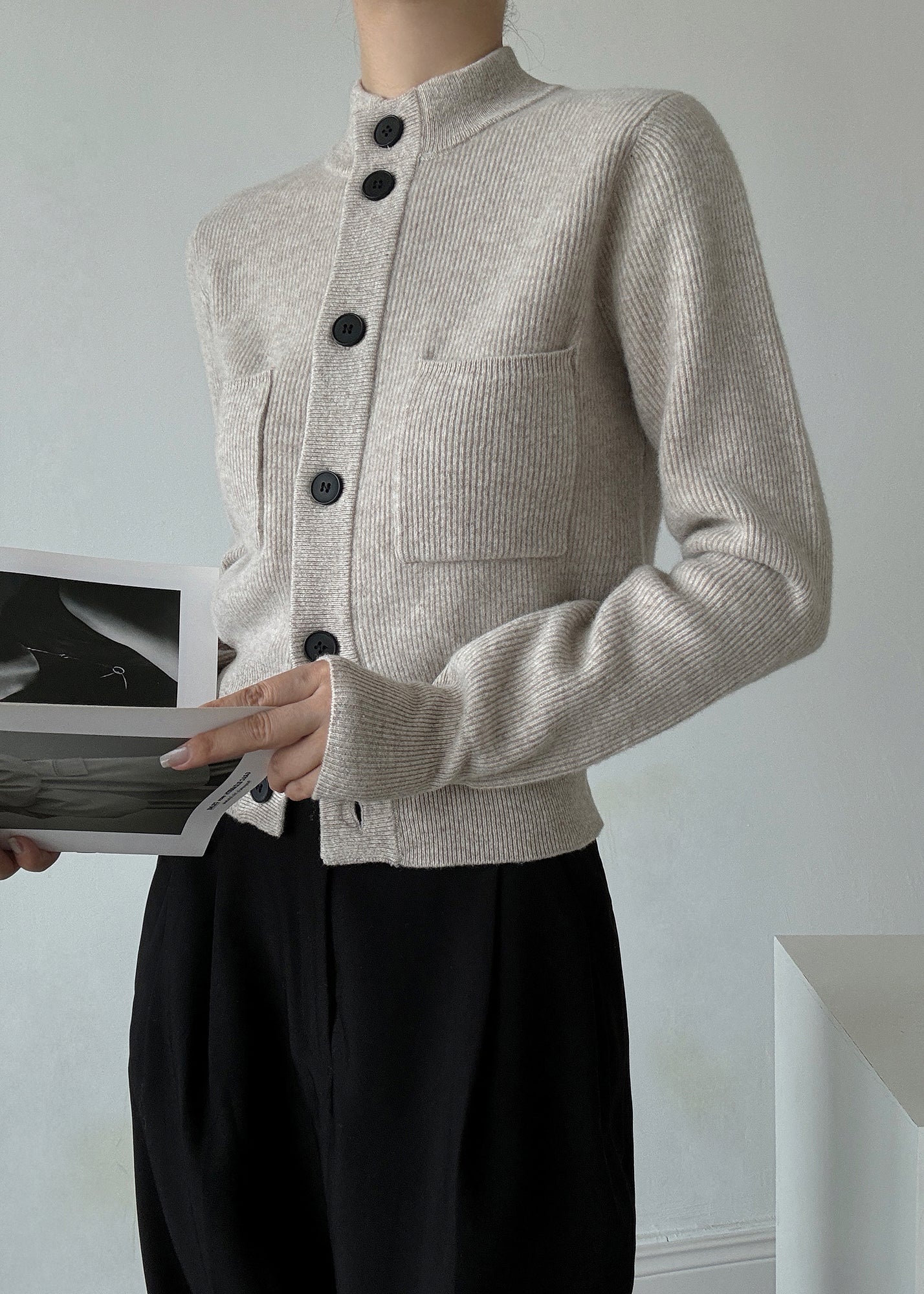 Cardigans italiens en laine gris clair à col montant et boutons, printemps TY026
