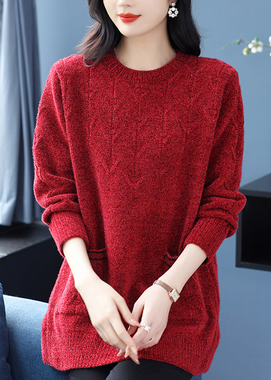 Pull en laine épaisse violet italien à col rond et poches pour l'hiver RL035