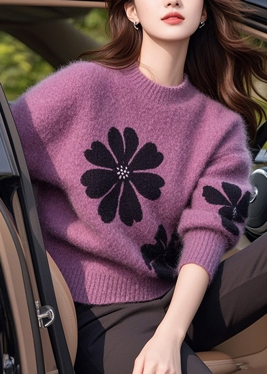 Pull en tricot épais à col rond violet italien pour l'hiver TO001