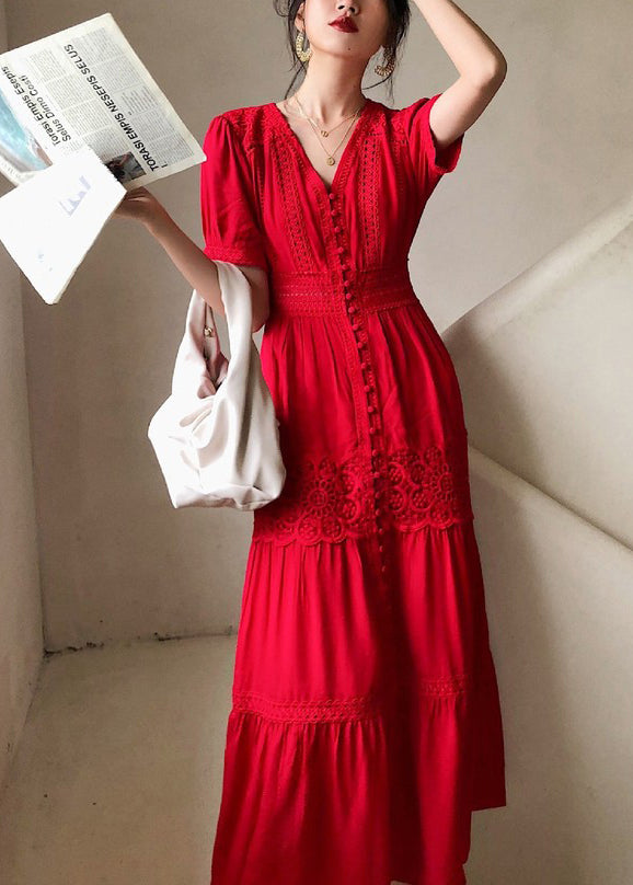 Hohle Spitze Sommerkleid Baumwolle Rot Italienische Hemden Aus Knopf