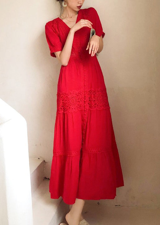 Hohle Spitze Sommerkleid Baumwolle Rot Italienische Hemden Aus Knopf