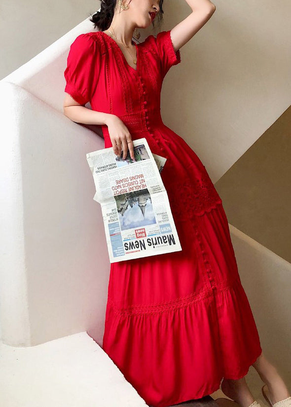 Hohle Spitze Sommerkleid Baumwolle Rot Italienische Hemden Aus Knopf