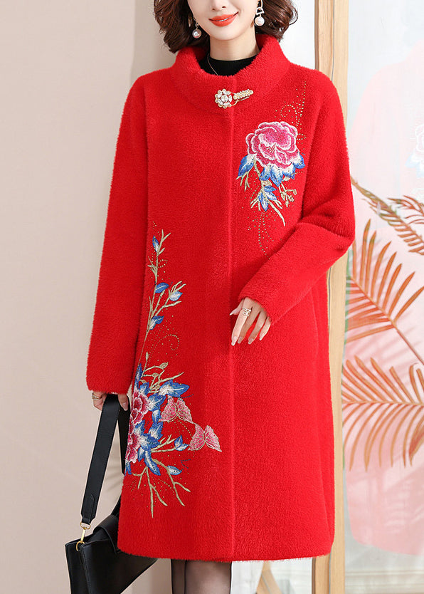 Manteau en laine et velours de vison rouge italien à col montant et boutons, printemps TA036